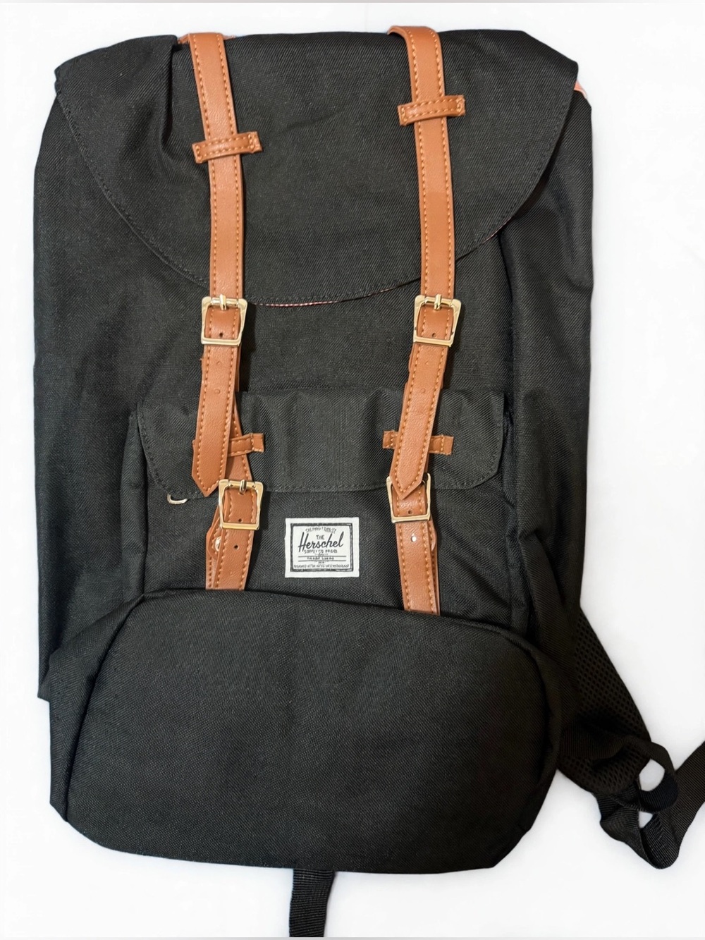Herschel Flap-Top Black Backpack with Brown Straps -NEW